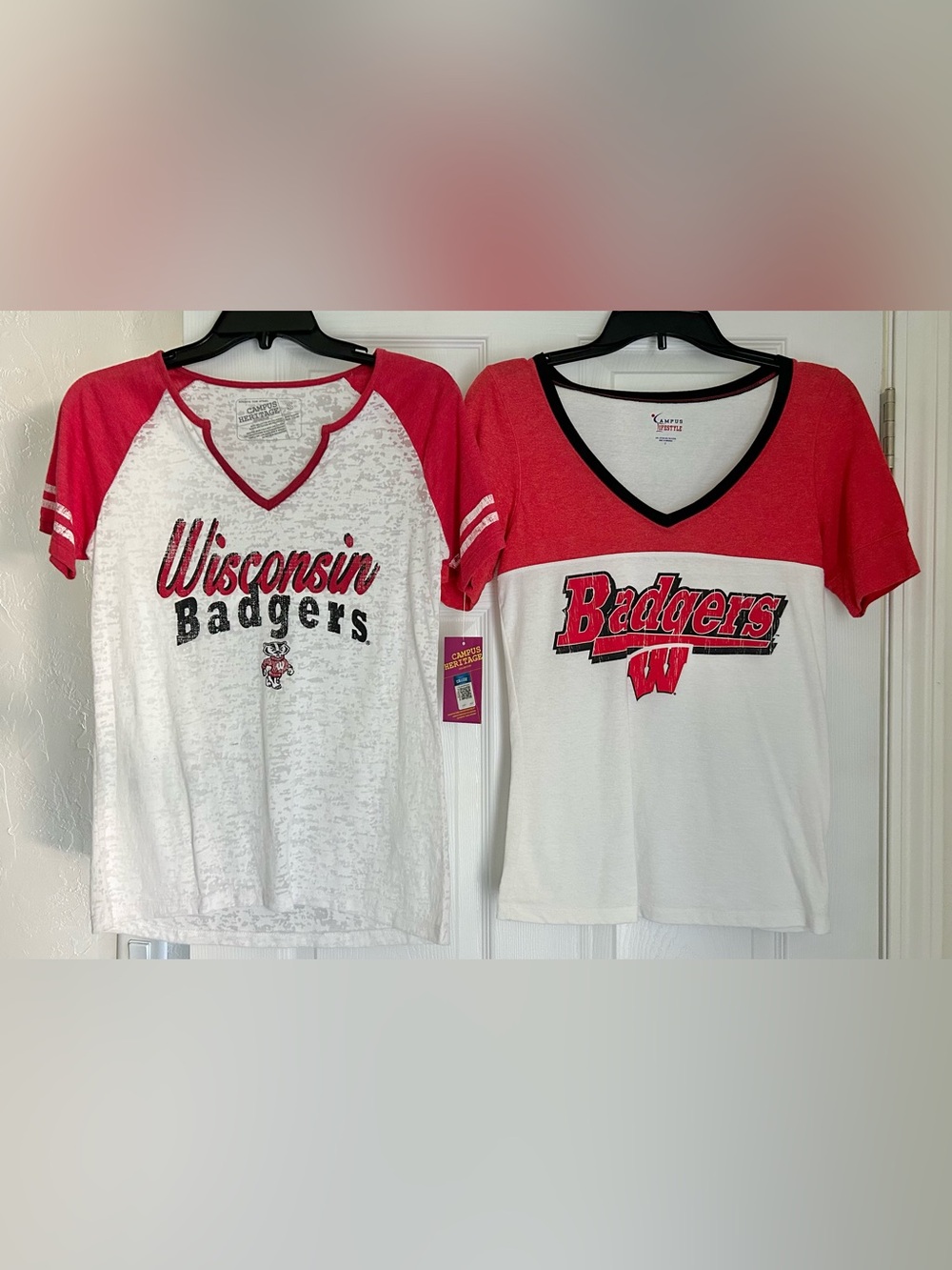 NWT Wisconsin WI Badgers Women's Tops Red & White V-Neck Tees Shirts Small S